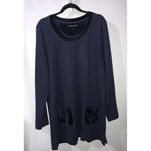 Soft surroundings Tunic Sweater Top Large Blue Herringbone Velvet Trim Pockets